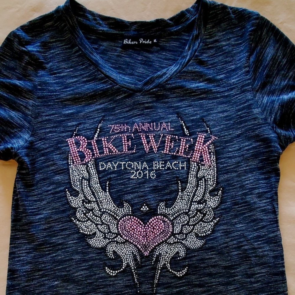2016 Daytona Beach 75th Bike Week Annual Rally Bling V-Neck SS Shirt T-Shirt Top